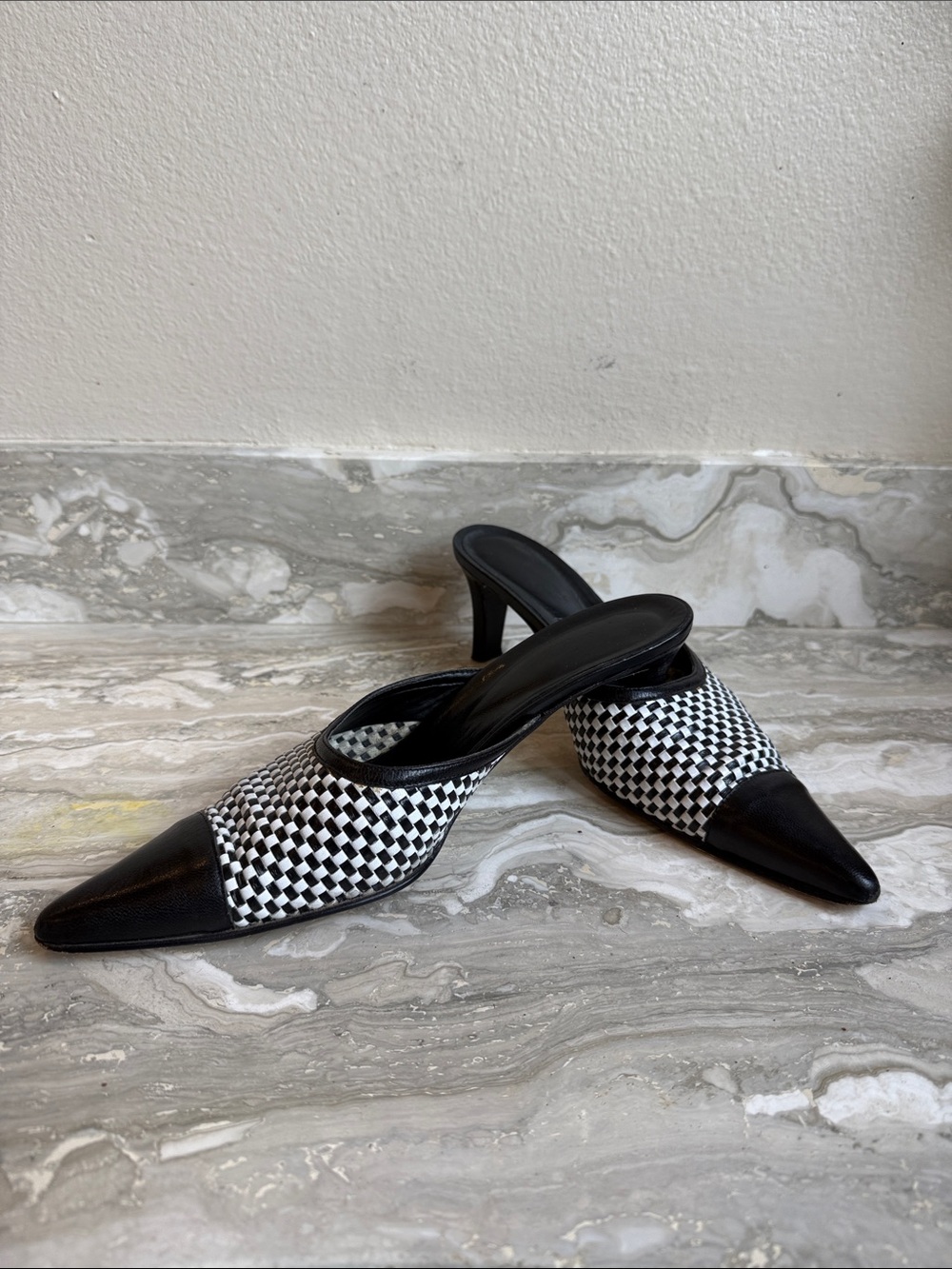 Black & White Woven Pointed Mules